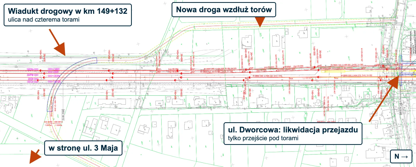Wycinek planu sytuacyjnego ze studium PKP PLK dla węzła poznańskiego, arkusz Puszczykówko: wiadukt drogowy w km 149+132 i przejście pod torami na Dworcowej