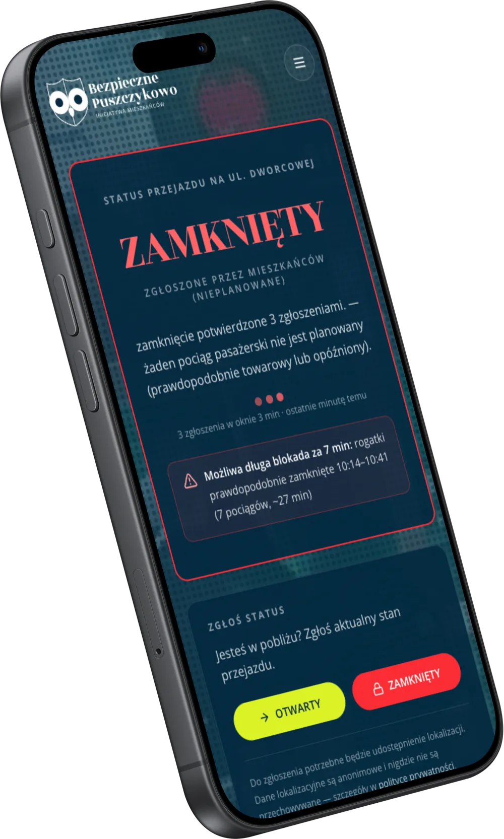 Aplikacja Sprawdź przejazd na telefonie — status zamkniętego przejazdu